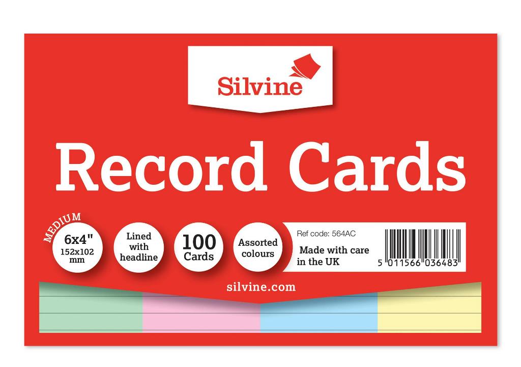 Silvine Ruled Record Cards Feint 4 Colours 127 x 76mm Pack of 100