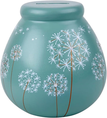 Pot of Dreams White Dandelion Flowers Save And Smash Teal Color Ceramic Money Box Piggy Bank