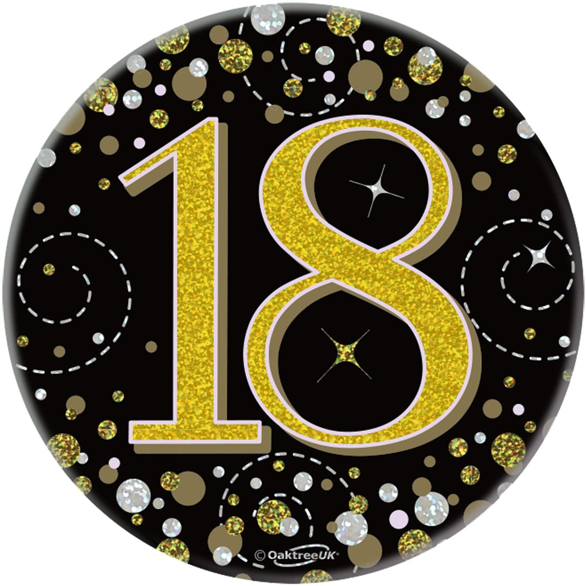 18th Birthday Sparkling Fizz Black & Gold Holographic Badge