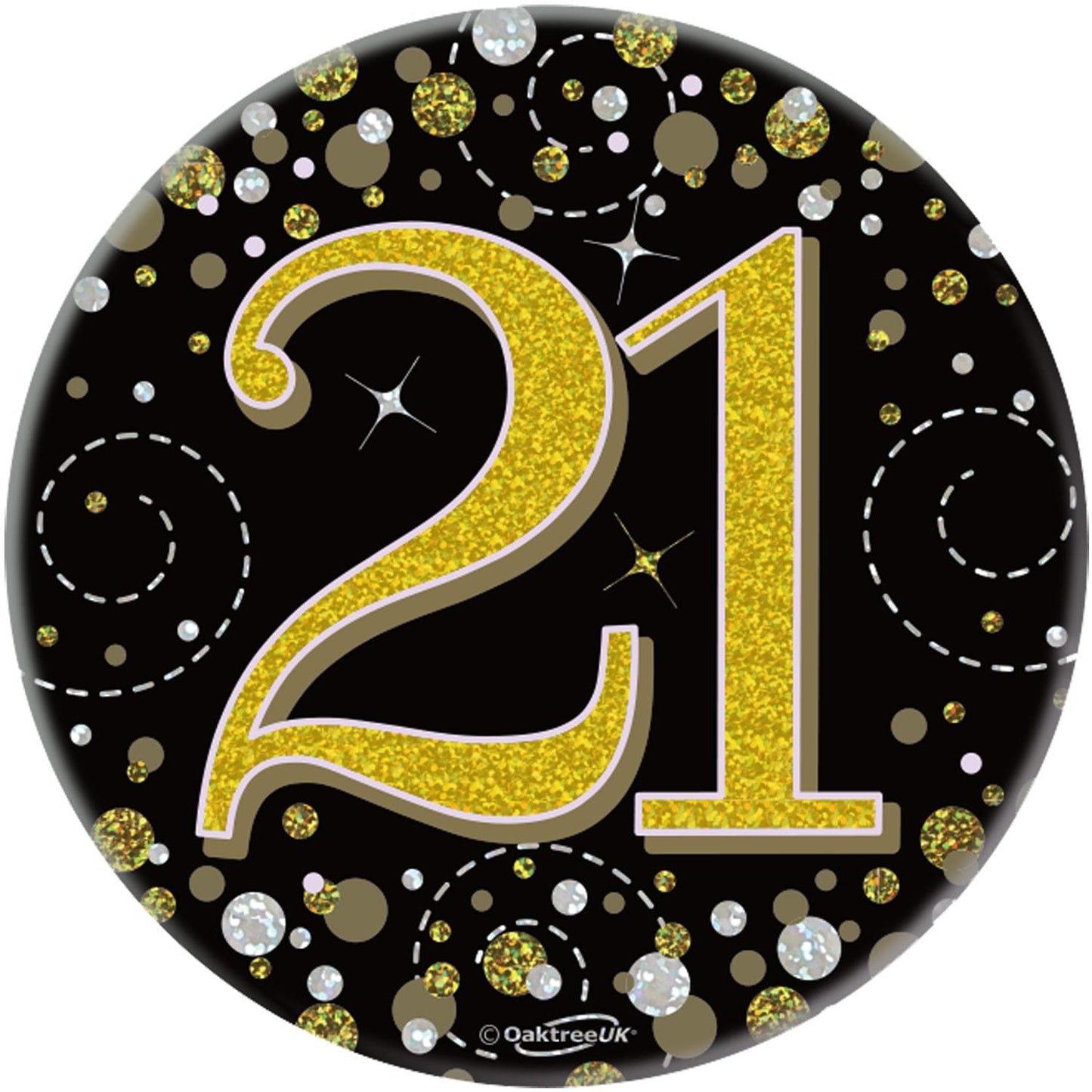 21st Birthday Sparkling Fizz Black & Gold Holographic Badge