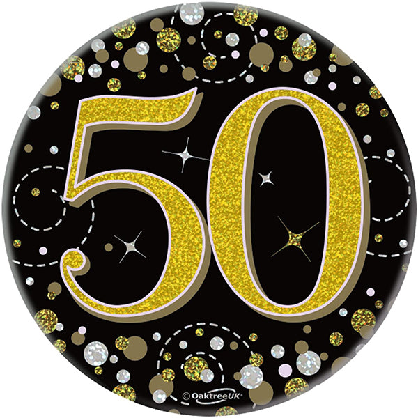 50th Birthday Sparkling Fizz Black & Gold Holographic Badge