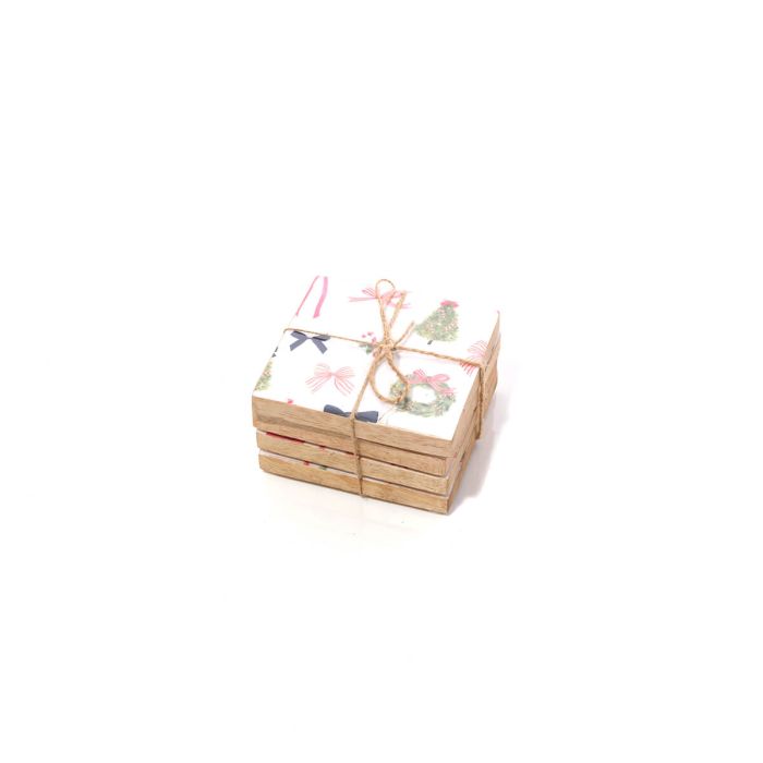 MERRY LITTLE BOWS REPEAT PATTERN MANGO WOOD AND ENAMEL COASTER SET OF 4 STRING TIED