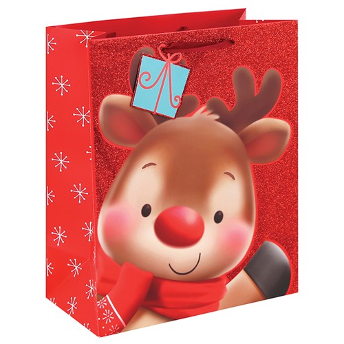 Reindeer Red Glitter Gift Bag Large