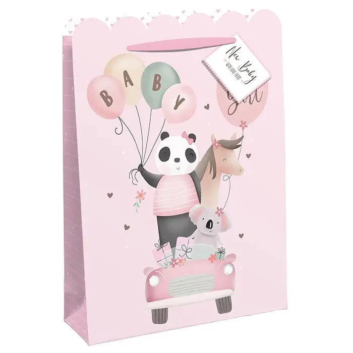Baby Pink Panda Car White Kraft Gift Bag - Medium