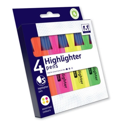 Highlighter Pens - 4 Pack Bright Colours School Stationery Chisel Tip Editting