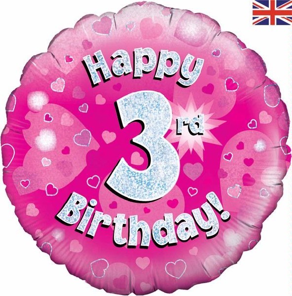 Oaktree 18 Inch Foil Balloon - Happy 3rd Birthday Pink Holographic