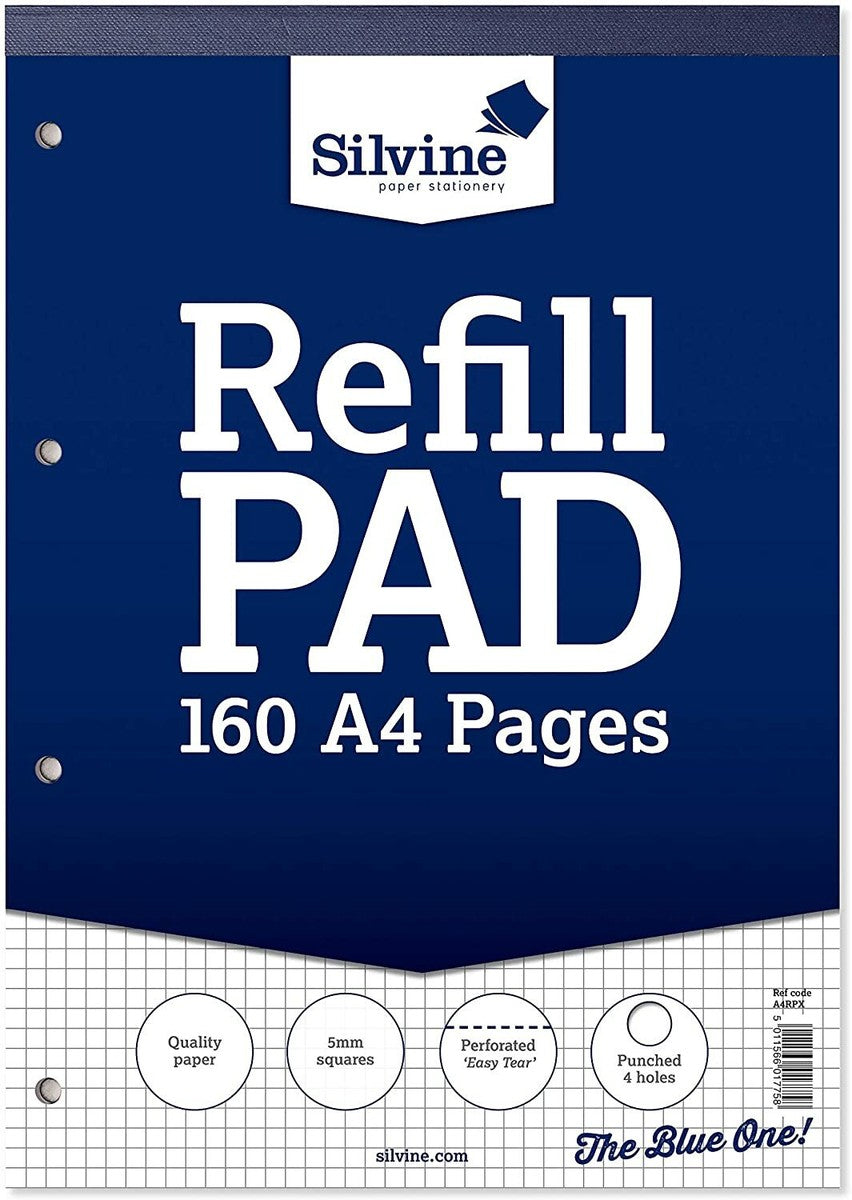 Silvine A4 Topbound Refill Pad - 5mm Squared 160 Pages (80 Sheets)
