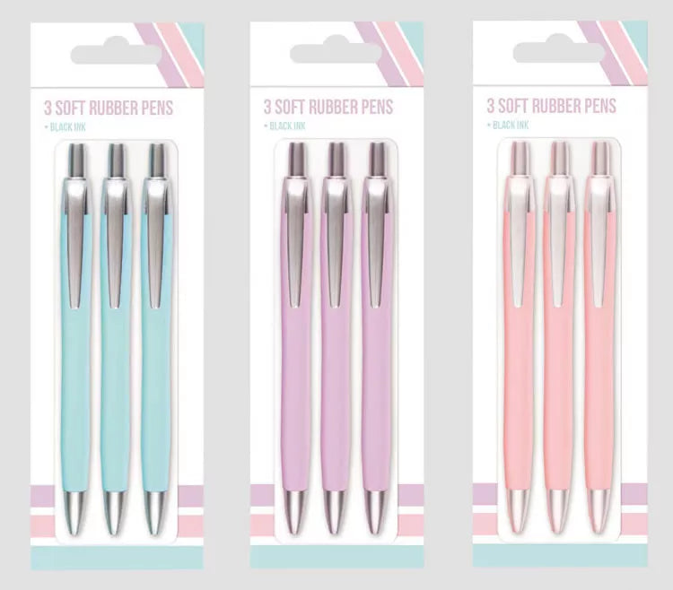 PACK OF 3 PASTEL SOFT RUBBER FEEL RETRACTABLE BALLPENS
