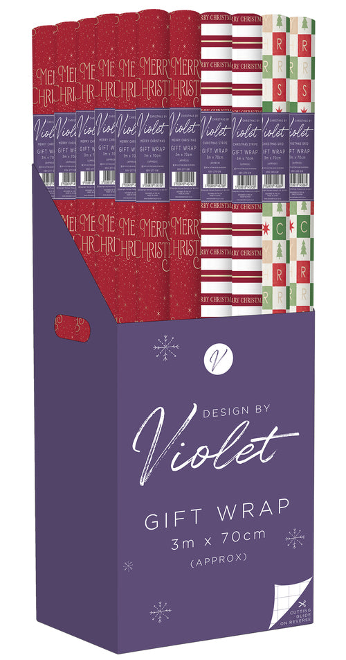 CHRISTMAS BY VIOLET CHRISTMAS 3M LUXURY ROLL WRAP WITH CUTTING GUIDE ON REVERSE ASSORTMENT - MERRY CHRISTMAS