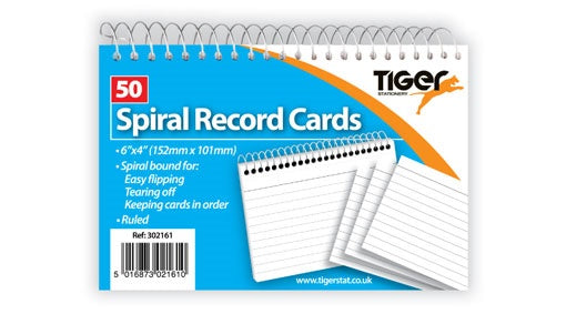 50 SPIRAL 6 x 4 (152 x 101mm) WHITE RULED RECORD CARDS