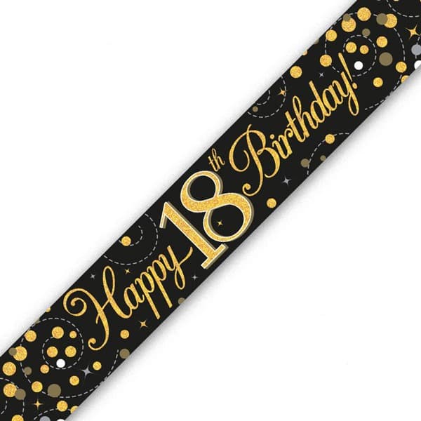 Black Sparkling Fizz Happy 18th Birthday Holographic Banner