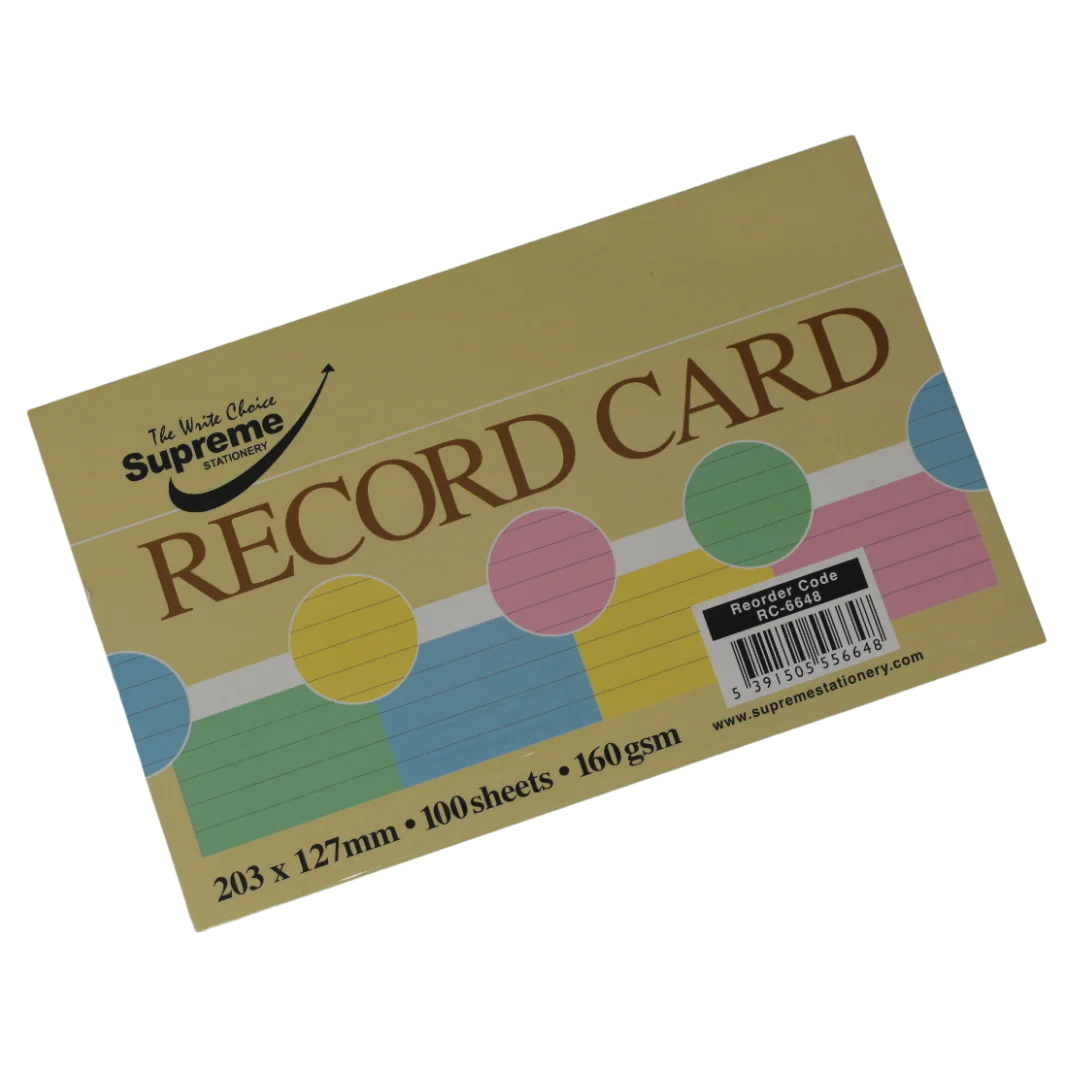 Record Card Assorted Colours Ruled 100 Sheets 160 g - 8" x 5" (203 x 127mm)