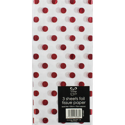 Red Polka Dot Foil Tissue Paper - 3 Sheets