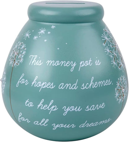 Pot of Dreams White Dandelion Flowers Save And Smash Teal Color Ceramic Money Box Piggy Bank