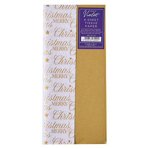 CHRISTMAS BY VIOLET Pk4 PRINTED TISSUE PAPER - MERRY CHRISTMAS/GOLD