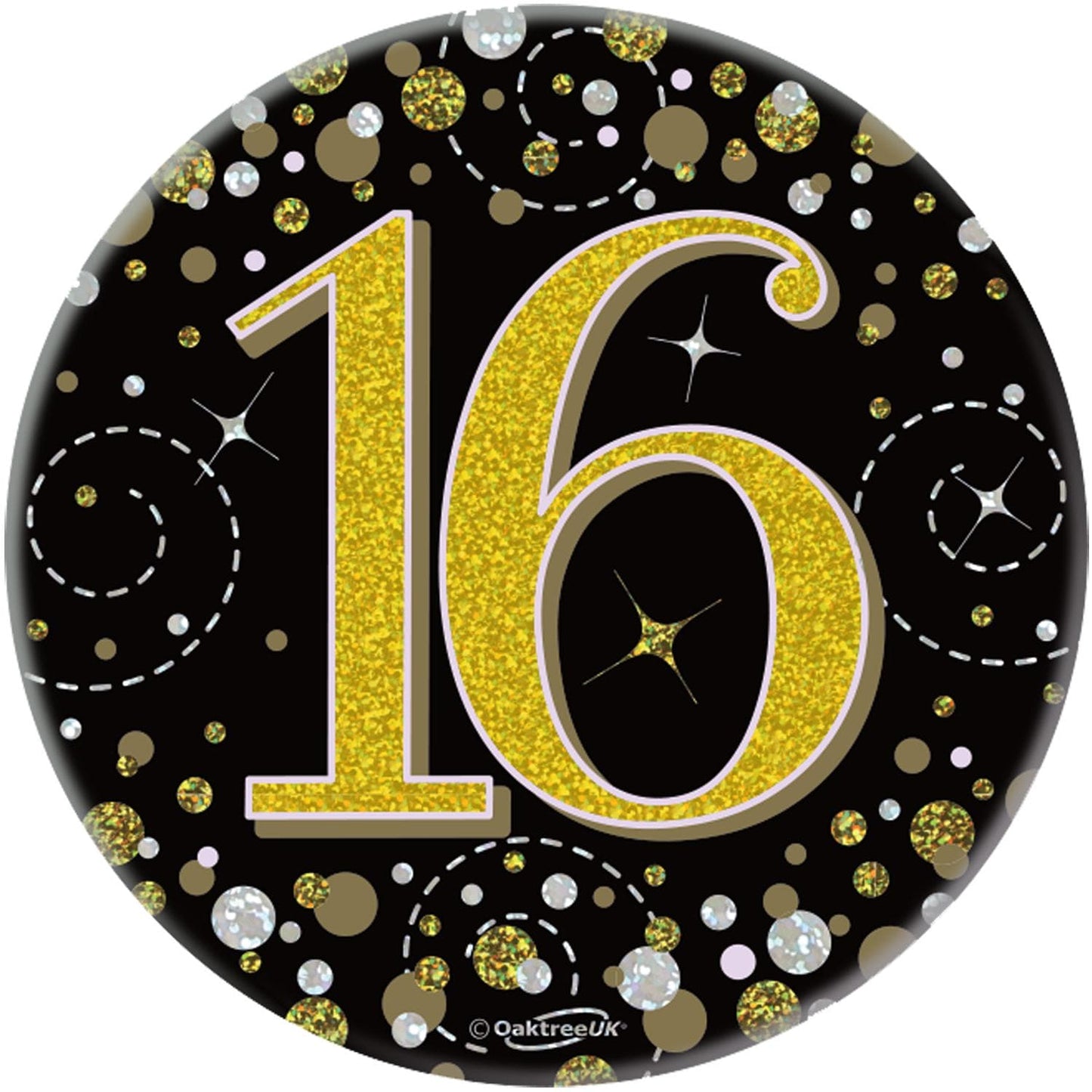 16th Birthday Sparkling Fizz Black & Gold Holographic Badge