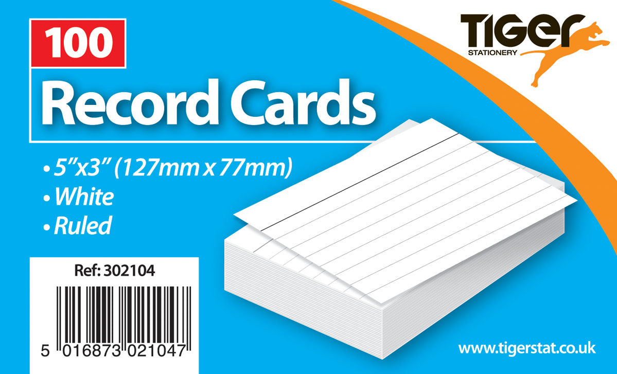 100 5 x 3 (127 x 77mm) WHITE RULED RECORD CARDS