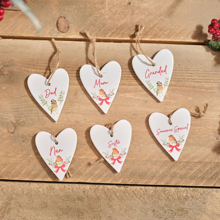 ROBIN FAMILY SMALL CERAMIC HEART HANGER
