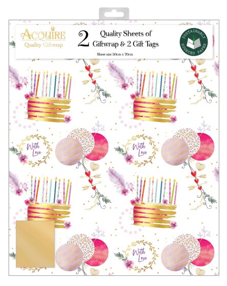 WRAP BIRTHDAY CAKE N BALLOONS 2 SHEET 2 TAGS