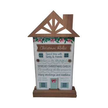 HOLLY COTTAGE CHRISTMAS RULES STANDING WOOD SHAPED HOUSE PLAQUE