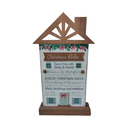 HOLLY COTTAGE CHRISTMAS RULES STANDING WOOD SHAPED HOUSE PLAQUE