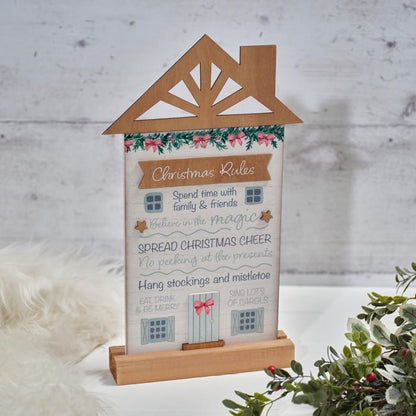 HOLLY COTTAGE CHRISTMAS RULES STANDING WOOD SHAPED HOUSE PLAQUE