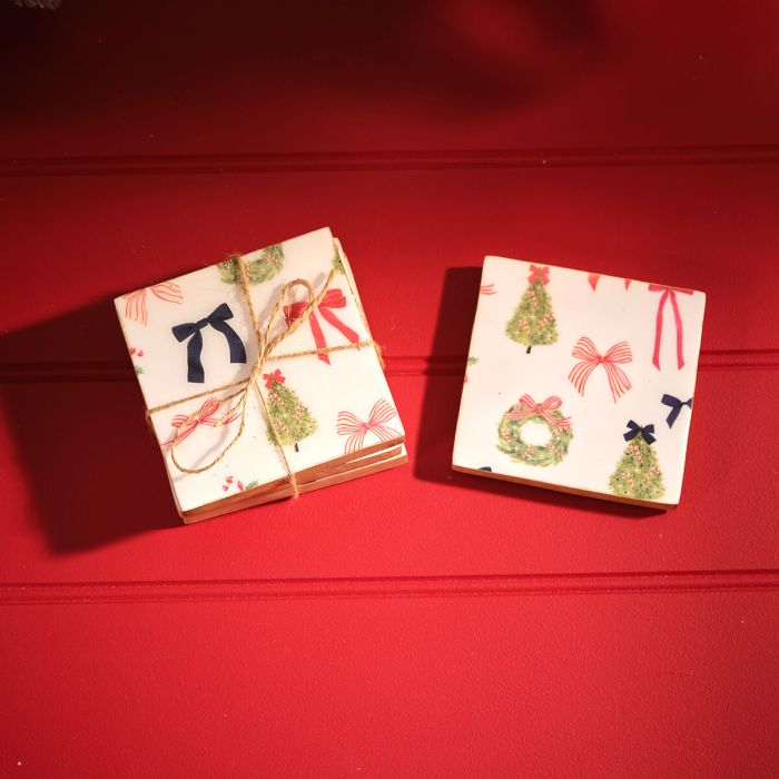 MERRY LITTLE BOWS REPEAT PATTERN MANGO WOOD AND ENAMEL COASTER SET OF 4 STRING TIED