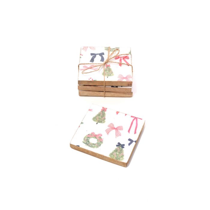 MERRY LITTLE BOWS REPEAT PATTERN MANGO WOOD AND ENAMEL COASTER SET OF 4 STRING TIED