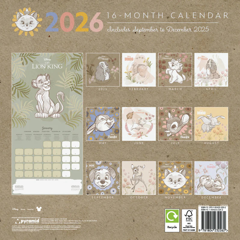 DISNEY CLASSICS (Artist Series) 2026 Square Wall Calendar – Official 16-Month Calendar