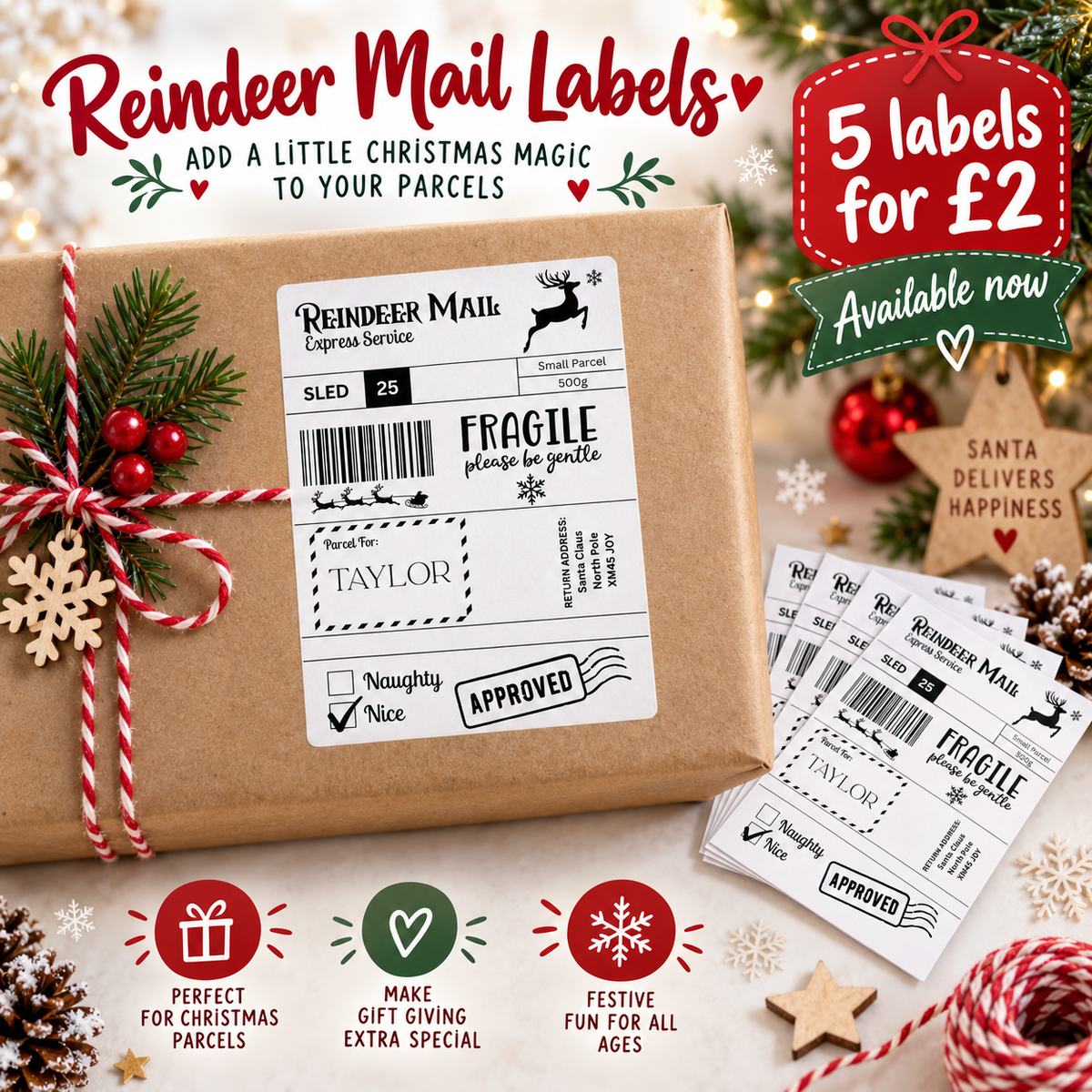 Brand New Reindeer Mail Christmas Parcel Labels – Pack of 5 – Santa North Pole Stickers