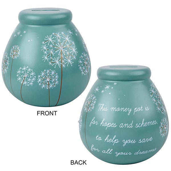 Pot of Dreams White Dandelion Flowers Save And Smash Teal Color Ceramic Money Box Piggy Bank