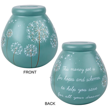 Pot of Dreams White Dandelion Flowers Save And Smash Teal Color Ceramic Money Box Piggy Bank