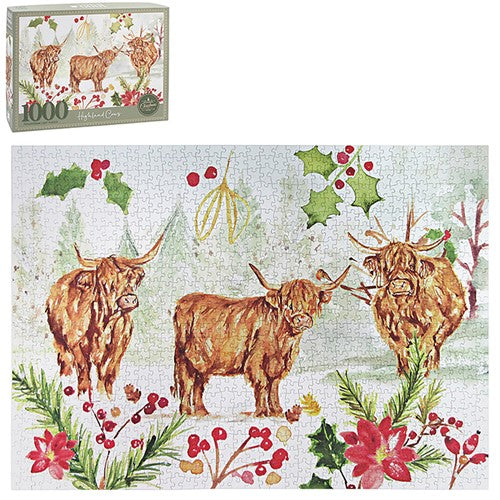 Xmas Wood 1000pc Jigsaw Jennifer Rose Highland Cow