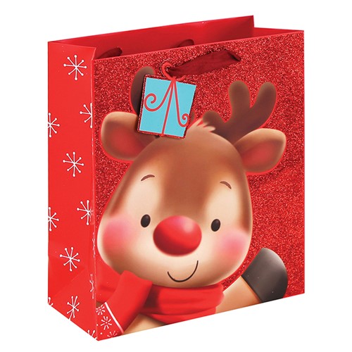 Reindeer Red Glitter Gift Bag Medium