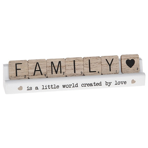 Scrabble Sentiments Family A World Of Love Wooden Scrabble Table Plaque Gift