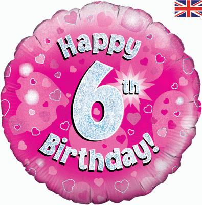 Oaktree 18 Inch Foil Balloon - Happy 6th Birthday Pink Holographic