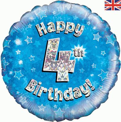 Oaktree 18 Inch Foil Balloon - Happy 4th Birthday Blue Holographic
