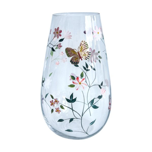 Oval Vase Wh Floral Bfly 25cm