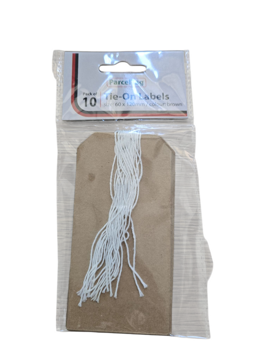 ParcelTag Tie-on Labels Strung Brown 60 x 120mm Pack of 10 Hanging#