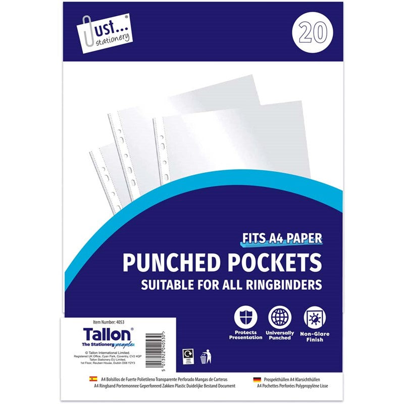 Just Stationery 20 Clear Plastic Punched Pocket