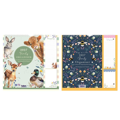 Tallon 2027 Family Organiser Calendar with Shopping List, Notes & Pen – Animals or Bees