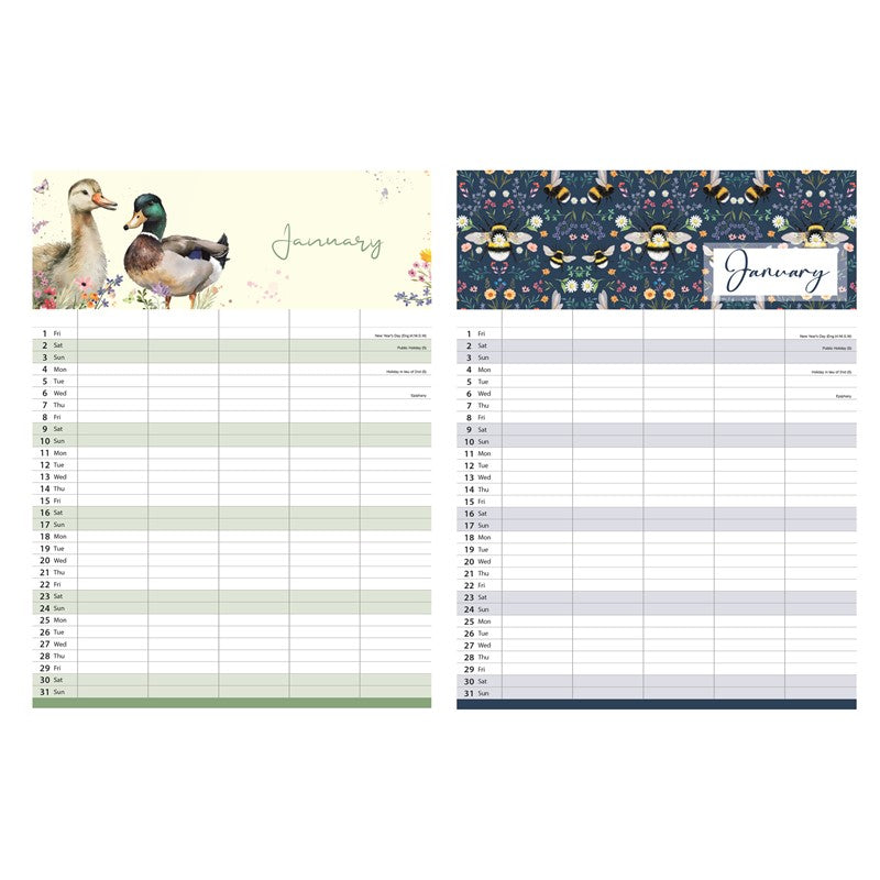 Tallon 2027 Family Organiser Calendar with Shopping List, Notes & Pen – Animals or Bees