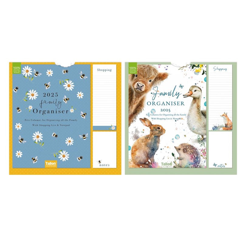 Tallon 2027 Family Organiser Calendar with Shopping List, Notes & Pen – Animals or Bees
