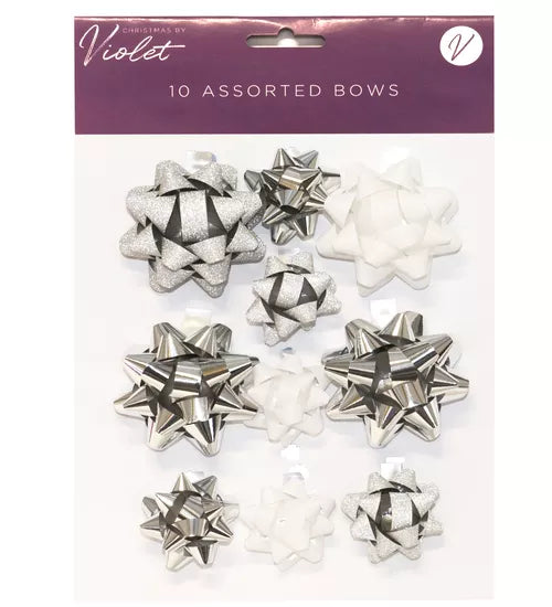 CHRISTMAS BY VIOLET Pk10 SILVER & WHITE FOIL BOWS