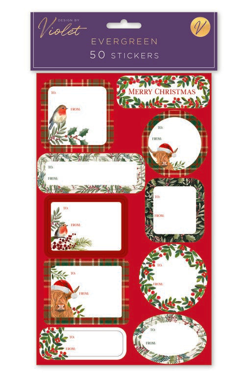 CHRISTMAS BY VIOLET Pk50 ASSORTED STICKER LABELS - EVERGREEN